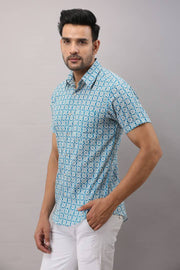Men's Turquoise Cotton Printed Short Sleeves Regular Fit Casual Shirt