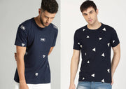 Men's Navy Blue Cotton Printed Round Neck Tees (Pack of 2)