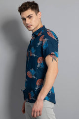 Men's Navy Blue Rayon Short Sleeves Printed Slim fit Casual Shirts