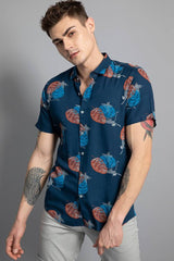 Men's Navy Blue Rayon Short Sleeves Printed Slim fit Casual Shirts