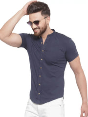 GESPO Men's Solid Blue Mandarin Collar Half Sleeve Casual Shirt